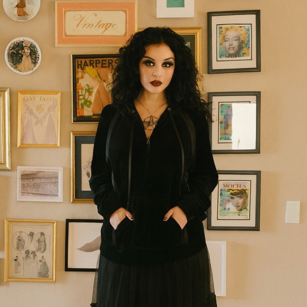 Vintage Valerie Stevens Petite Black‎ Velour Zip Up Hoodie Activewear Jacket